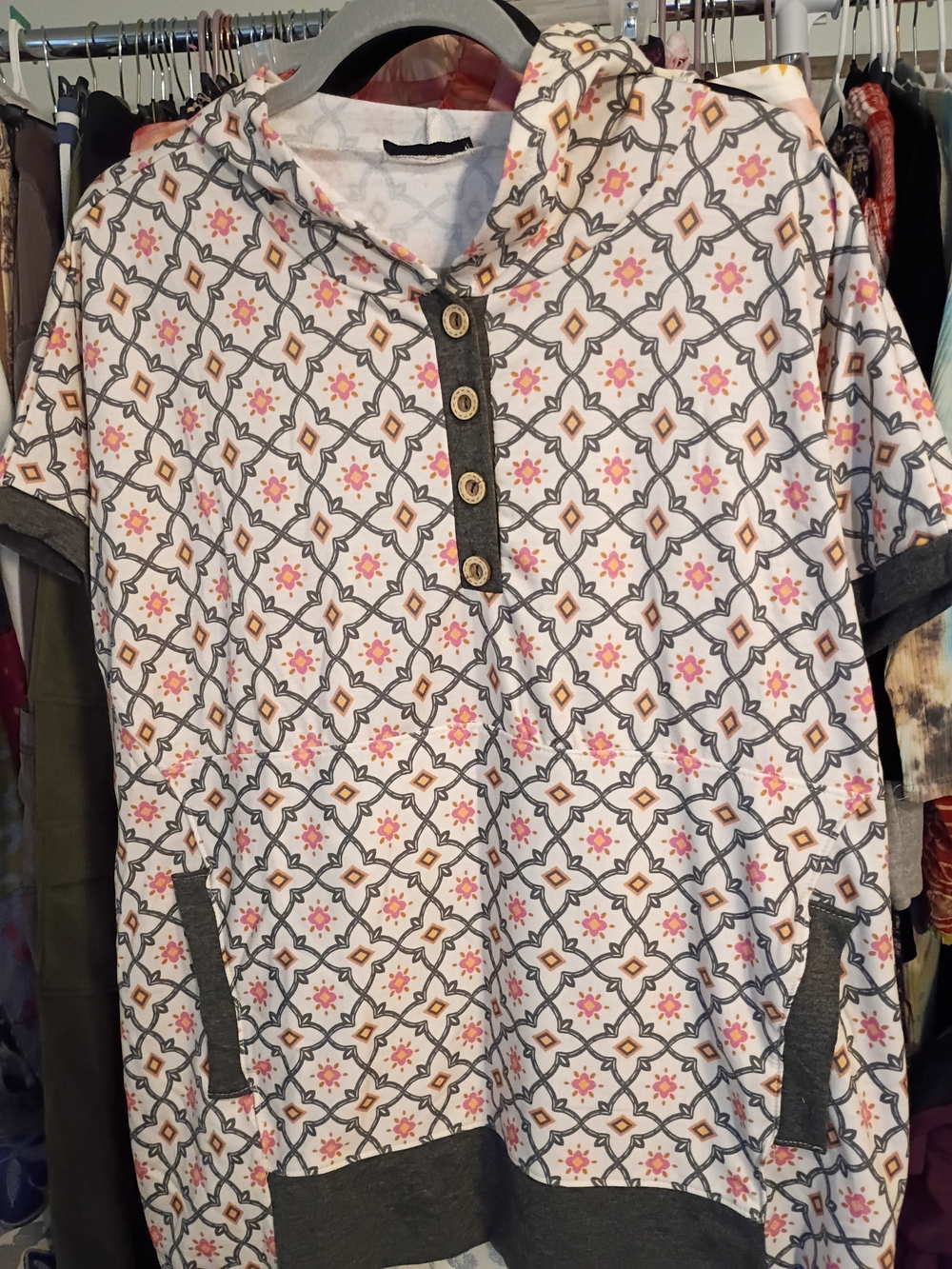 HEIMISH USA White Pullover with Pink and Tan Floral Accents